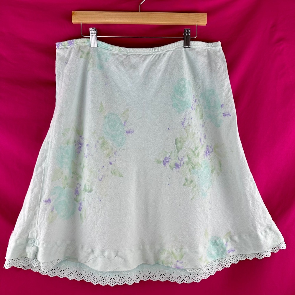 J Jill Linen A Line Midi Skirt XL Elastic Waist Blue Floral‎ Romantic Lace Hem